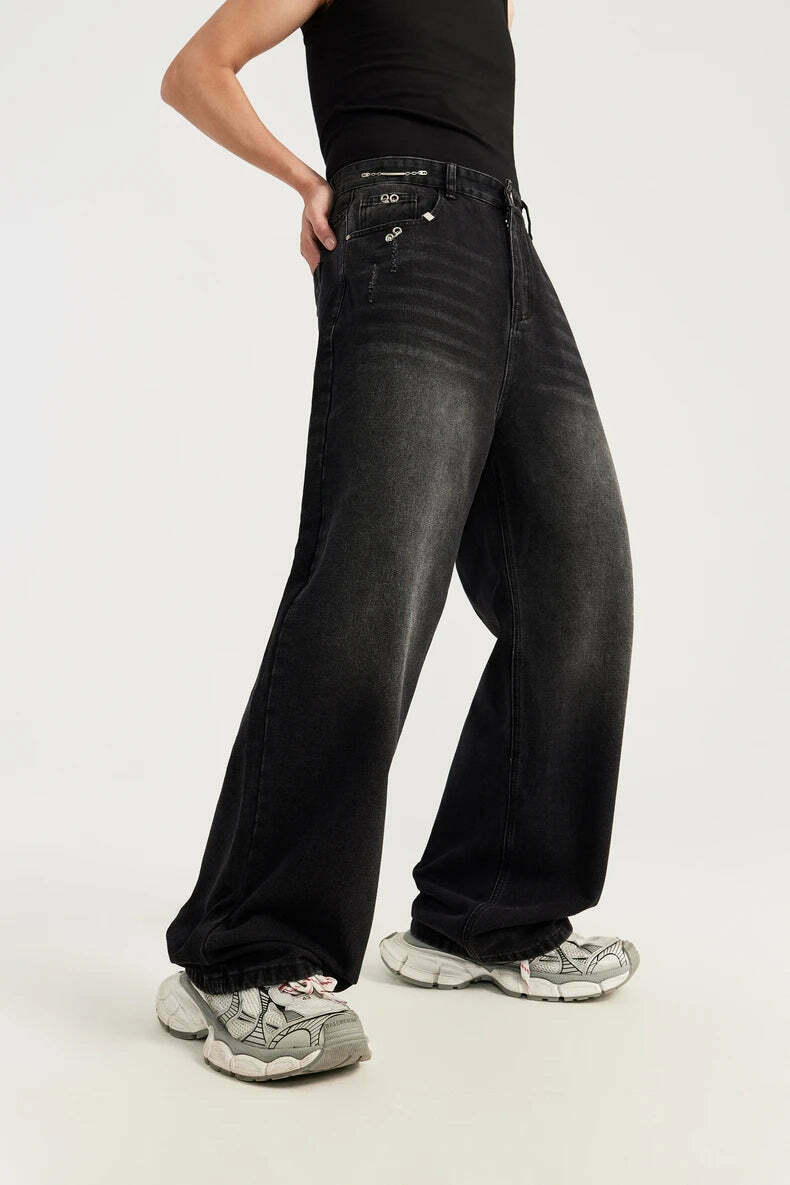 Y2K Aesthetic Cargo Skirt with Pierced Relaxed Fit Jeans Y2K Aesthetic Cargo Skirt with Pierced Relaxed Fit Jeans