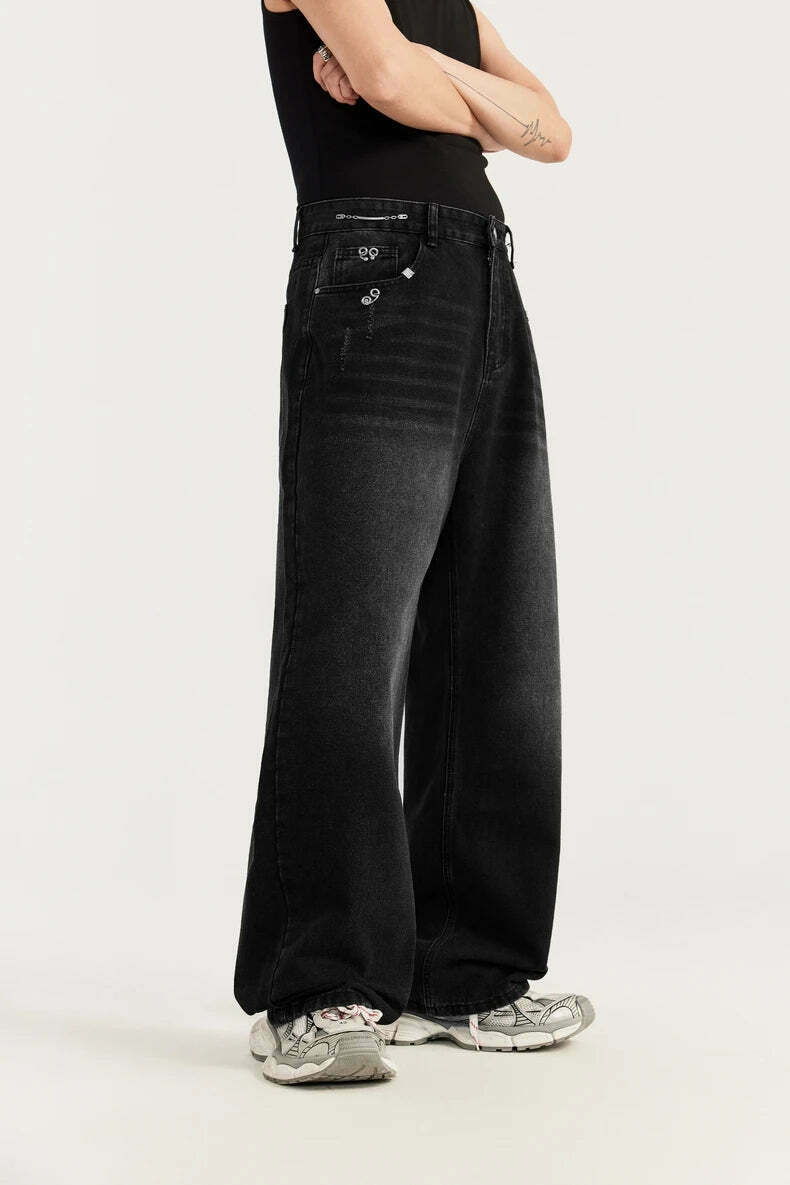 Y2K Aesthetic Cargo Skirt with Pierced Relaxed Fit Jeans Y2K Aesthetic Cargo Skirt with Pierced Relaxed Fit Jeans
