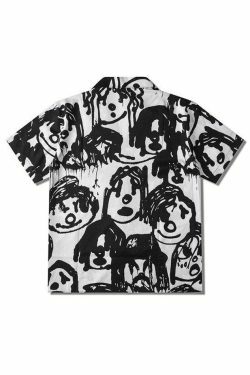 Y2K Aesthetic Cartoon Print Button Down Shirt for Women - Coquette Style Grunge Fashion