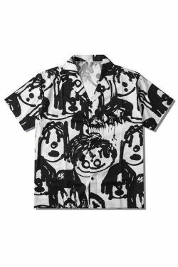 Y2K Aesthetic Cartoon Print Button Down Shirt for Women - Coquette Style Grunge Fashion