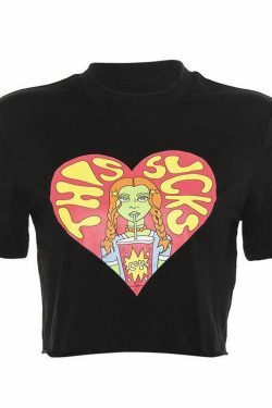 Y2K Aesthetic Cartoon Print Crop Top for Women - Coquette Style Grunge Fashion Statement Piece