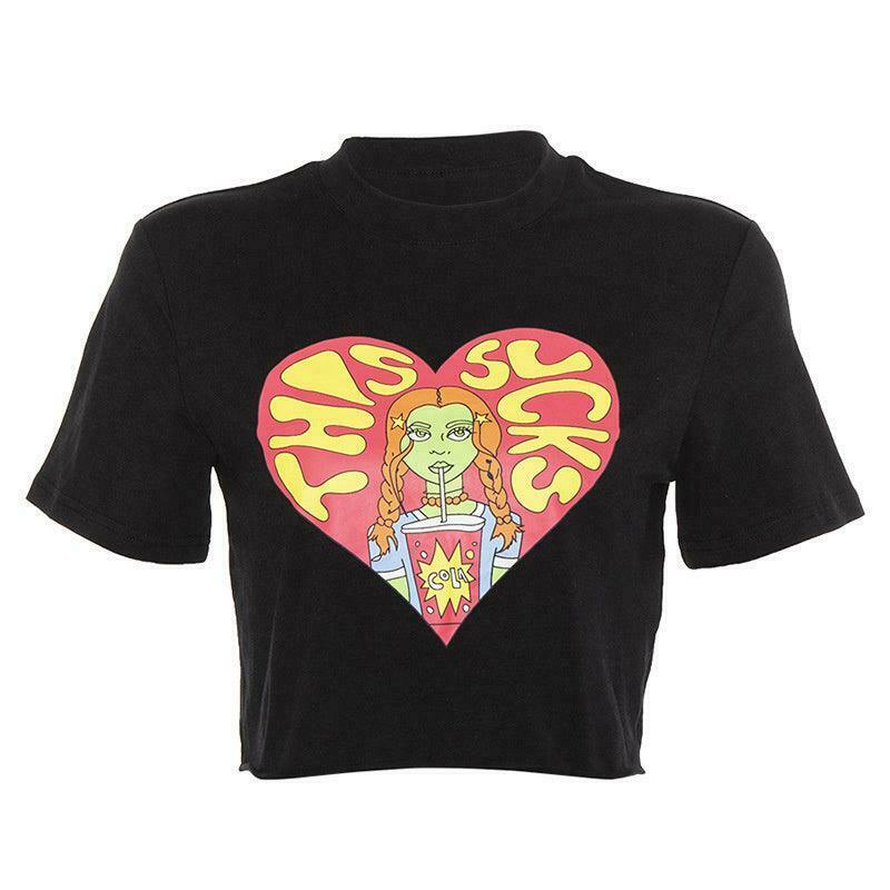 Y2K Aesthetic Cartoon Print Crop Top for Women - Coquette Style Grunge Fashion Statement Piece Y2K Aesthetic Cartoon Print Crop Top for Women - Coquette Style Grunge Fashion Statement Piece