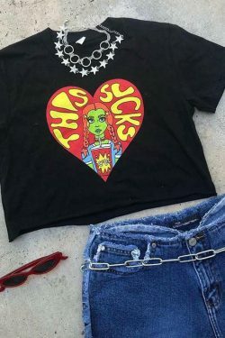 Y2K Aesthetic Cartoon Print Crop Top for Women - Coquette Style Grunge Fashion Statement Piece