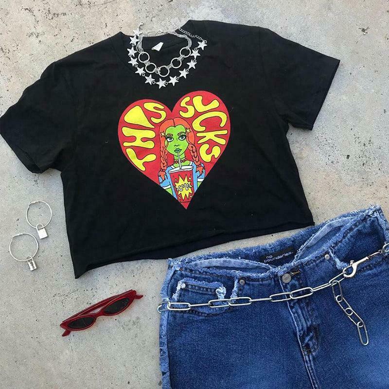 Y2K Aesthetic Cartoon Print Crop Top for Women - Coquette Style Grunge Fashion Statement Piece Y2K Aesthetic Cartoon Print Crop Top for Women - Coquette Style Grunge Fashion Statement Piece