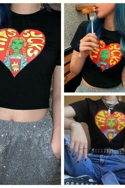 Y2K Aesthetic Cartoon Print Crop Top for Women - Coquette Style Grunge Fashion Statement Piece