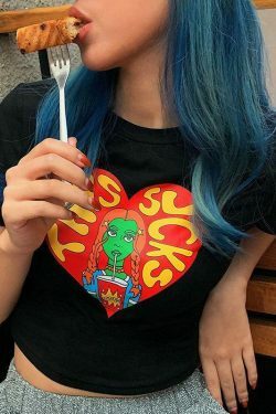 Y2K Aesthetic Cartoon Print Crop Top for Women - Coquette Style Grunge Fashion Statement Piece