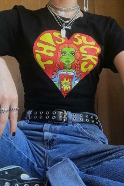 Y2K Aesthetic Cartoon Print Crop Top for Women - Coquette Style Grunge Fashion Statement Piece