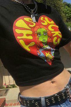 Y2K Aesthetic Cartoon Print Crop Top for Women - Coquette Style Grunge Fashion Statement Piece