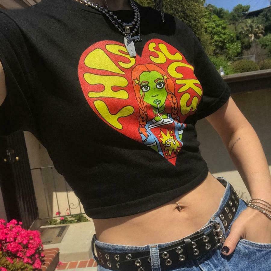 Y2K Aesthetic Cartoon Print Crop Top for Women - Coquette Style Grunge Fashion Statement Piece Y2K Aesthetic Cartoon Print Crop Top for Women - Coquette Style Grunge Fashion Statement Piece