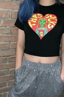 Y2K Aesthetic Cartoon Print Crop Top for Women - Coquette Style Grunge Fashion Statement Piece