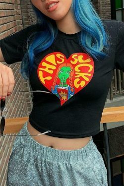 Y2K Aesthetic Cartoon Print Crop Top for Women - Coquette Style Grunge Fashion Statement Piece