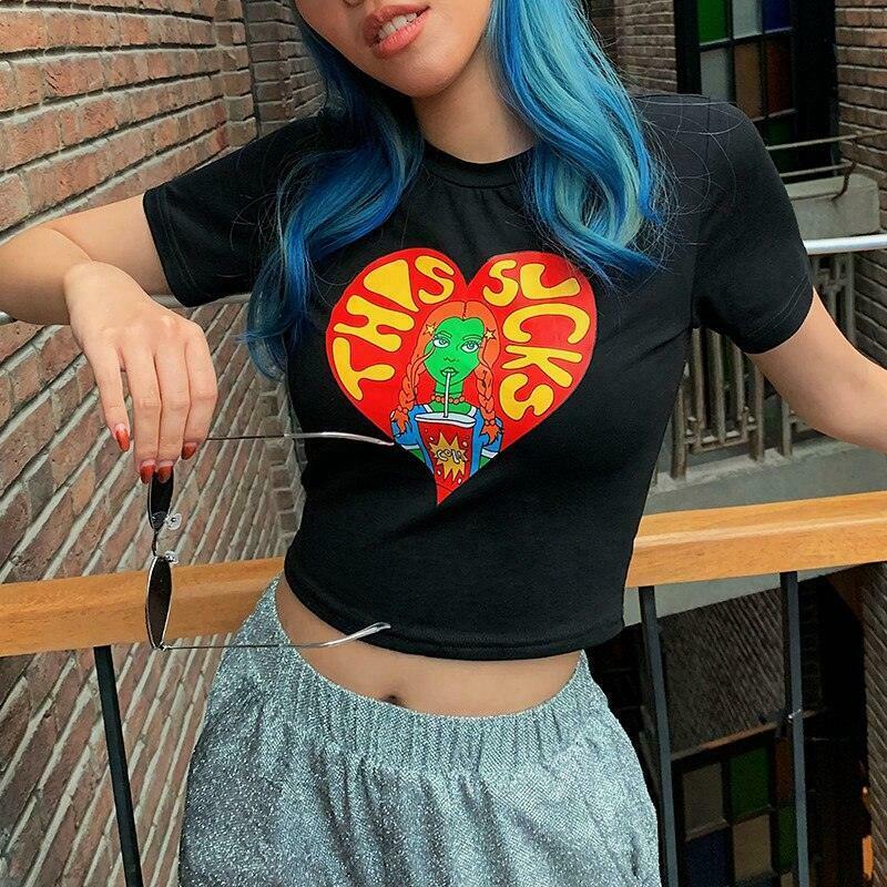 Y2K Aesthetic Cartoon Print Crop Top for Women - Coquette Style Grunge Fashion Statement Piece Y2K Aesthetic Cartoon Print Crop Top for Women - Coquette Style Grunge Fashion Statement Piece
