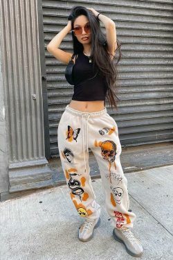 Y2K Aesthetic Cartoon Printed Trousers for Women - Coquette & Grunge Style Cargo Skirt Outfit