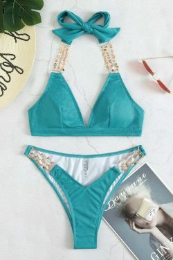 Y2K Aesthetic Chain Backless Halter Beach Bikini for Niche Women Fashion