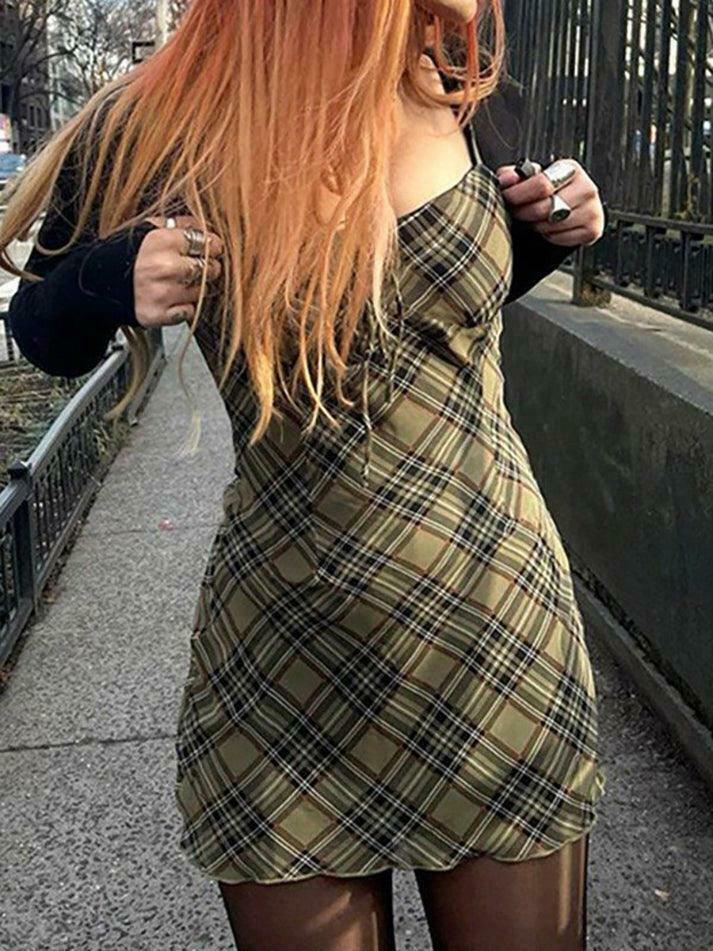 Y2K Aesthetic Checkered Mini Dress for Women - Coquette Style Grunge Fashion with Pastel Goth Vibes