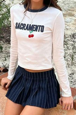 Y2K Aesthetic Cherry Embroidered Tee - Grunge Style Contrast Color Long Sleeve Shirt