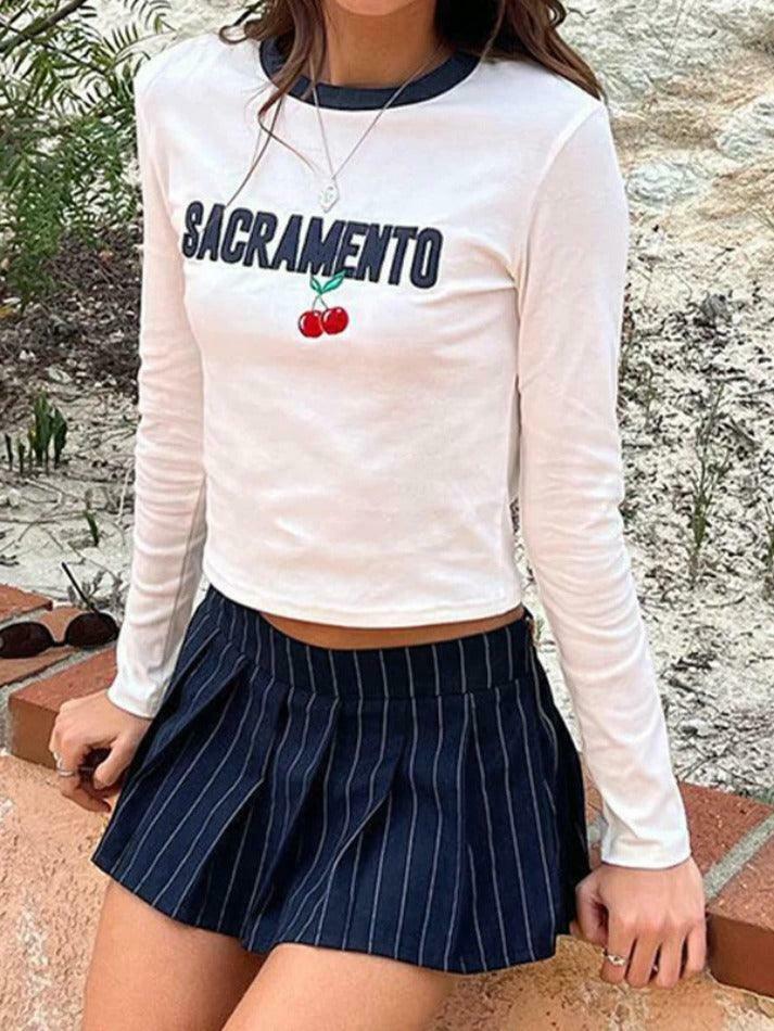 Y2K Aesthetic Cherry Embroidered Tee - Grunge Style Contrast Color Long Sleeve Shirt