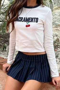 Y2K Aesthetic Cherry Embroidered Tee - Grunge Style Contrast Color Long Sleeve Shirt