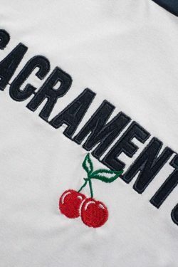 Y2K Aesthetic Cherry Embroidered Tee - Grunge Style Contrast Color Long Sleeve Shirt