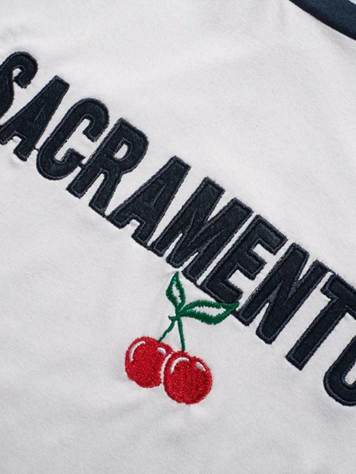 Y2K Aesthetic Cherry Embroidered Tee - Grunge Style Contrast Color Long Sleeve Shirt