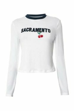 Y2K Aesthetic Cherry Embroidered Tee - Grunge Style Contrast Color Long Sleeve Shirt