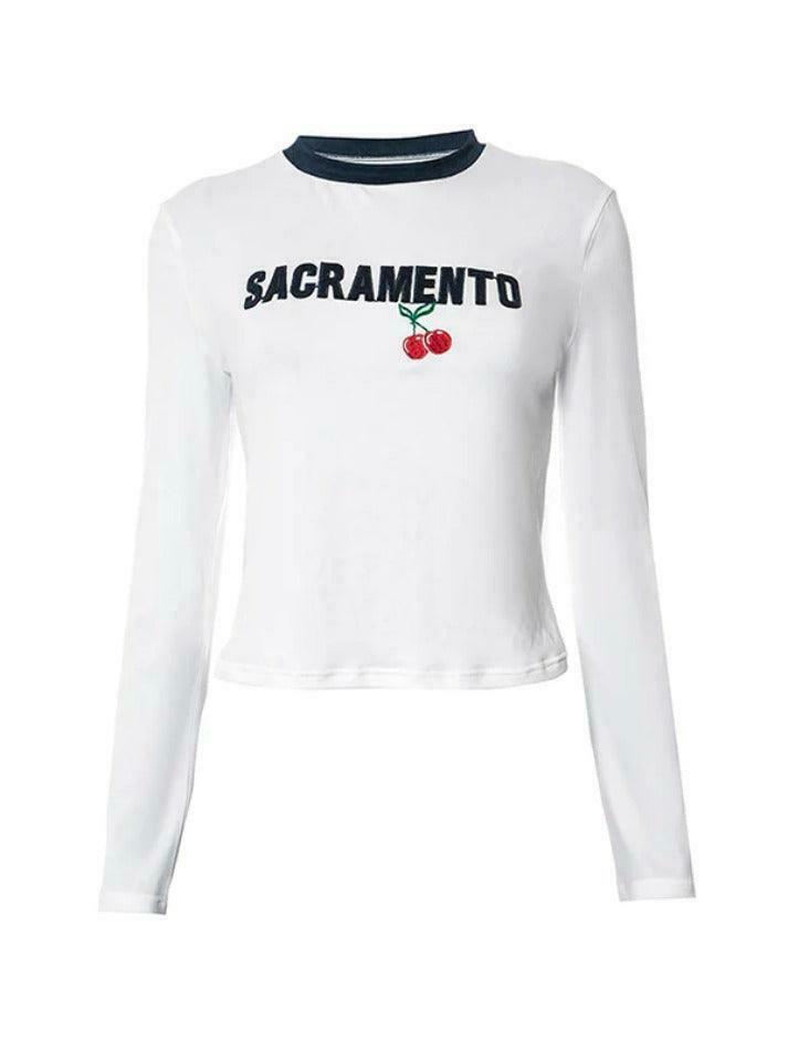 Y2K Aesthetic Cherry Embroidered Tee - Grunge Style Contrast Color Long Sleeve Shirt