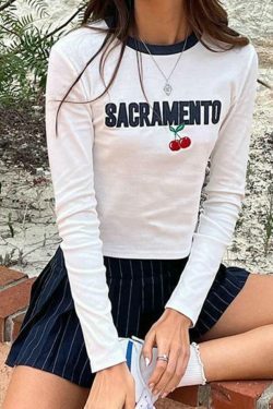 Y2K Aesthetic Cherry Embroidered Tee - Grunge Style Contrast Color Long Sleeve Shirt