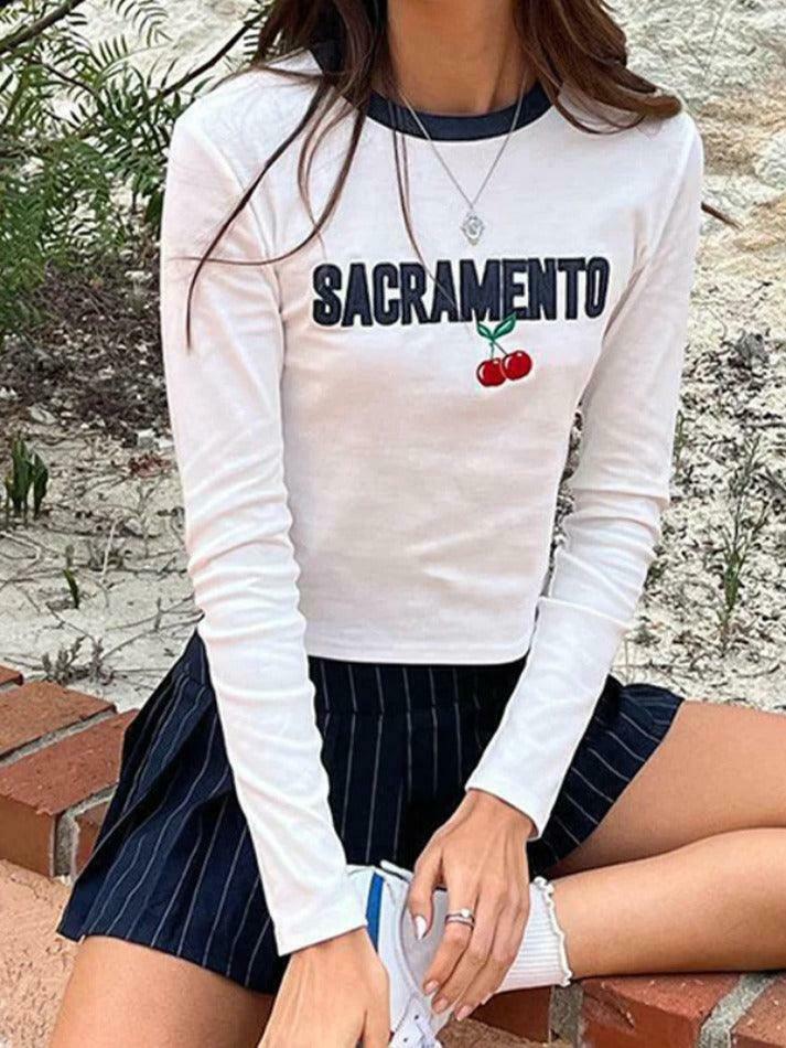 Y2K Aesthetic Cherry Embroidered Tee - Grunge Style Contrast Color Long Sleeve Shirt