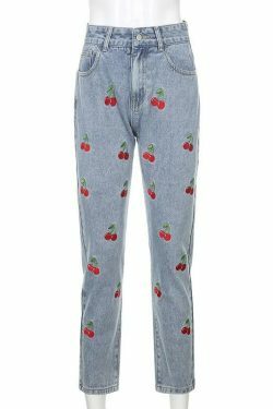 Y2K Aesthetic Cherry Jeans: Coquette & Grunge Style Cargo Skirt - Cute Tops & Pastel Goth Outfits