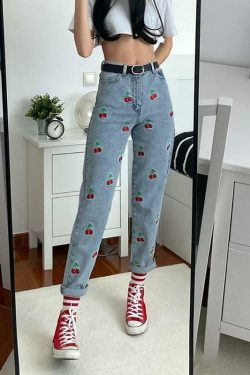 Y2K Aesthetic Cherry Jeans: Coquette & Grunge Style Cargo Skirt - Cute Tops & Pastel Goth Outfits