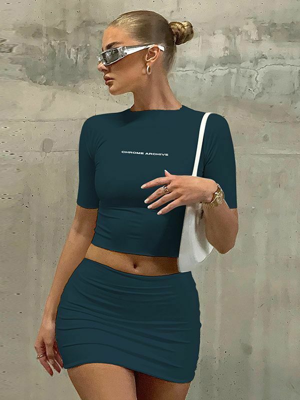 Y2K Aesthetic Chrome Archive Bodycon Skirt Set for Niche Women Fashion