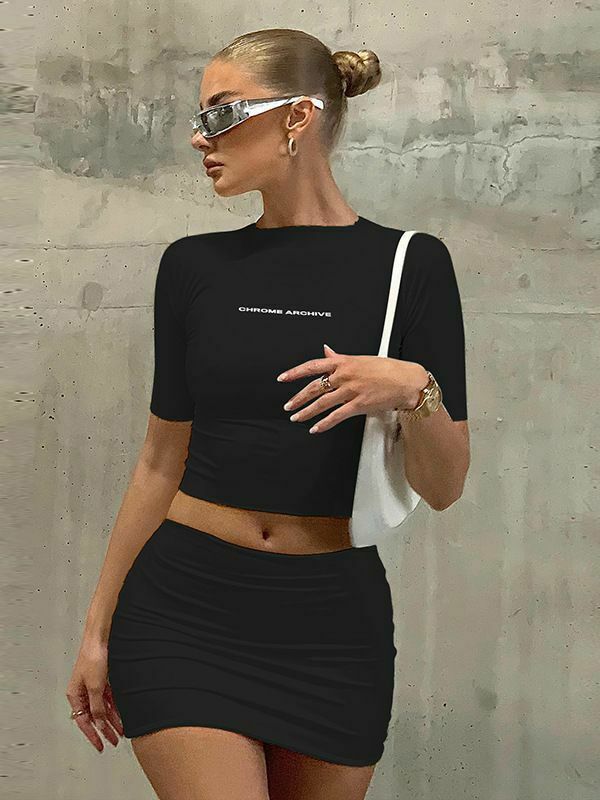 Y2K Aesthetic Chrome Archive Bodycon Skirt Set for Niche Women Fashion
