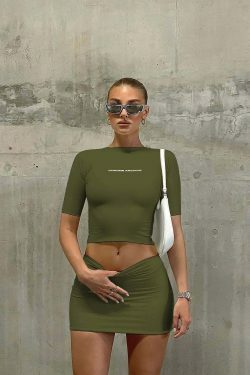 Y2K Aesthetic Chrome Archive Bodycon Skirt Set for Niche Women Fashion