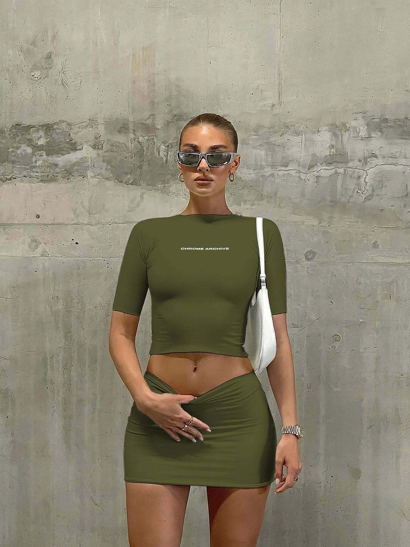 Y2K Aesthetic Chrome Archive Bodycon Skirt Set for Niche Women Fashion