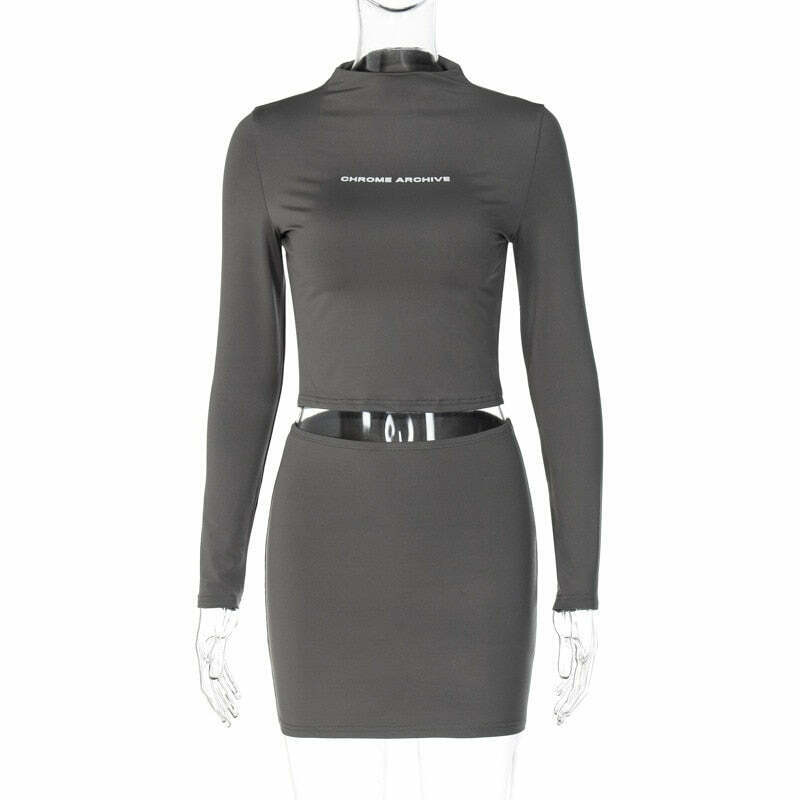 Y2K Aesthetic Chrome Archive Bodycon Skirt Set for Niche Women Fashion
