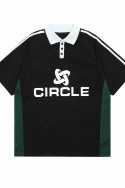 Y2K Aesthetic Circle Sports Polo Tee for Women - Coquette Grunge Style with Pastel Goth Vibes