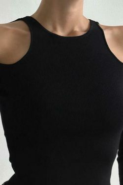 Y2K Aesthetic Cold Shoulder Cutout Cropped Long Sleeve Tee - Coquette & Grunge Style Women's Fashion