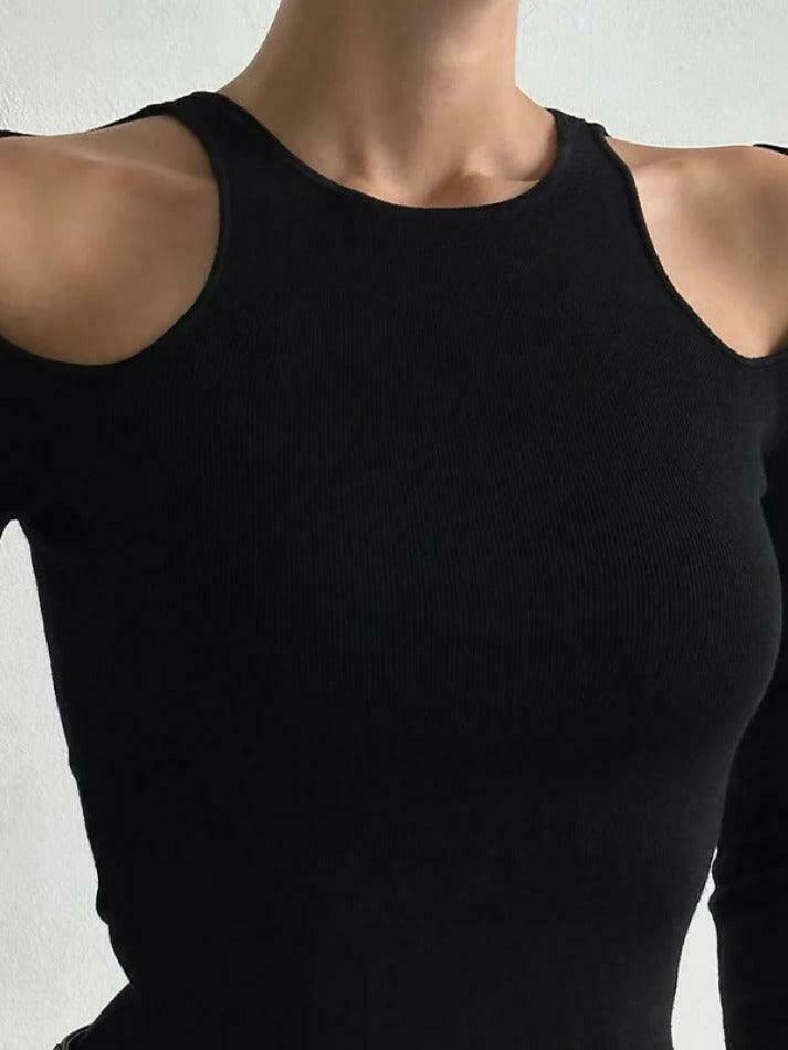 Y2K Aesthetic Cold Shoulder Cutout Cropped Long Sleeve Tee - Coquette & Grunge Style Women's Fashion Y2K Aesthetic Cold Shoulder Cutout Cropped Long Sleeve Tee - Coquette & Grunge Style Women's Fashion