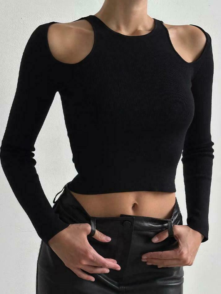Y2K Aesthetic Cold Shoulder Cutout Cropped Long Sleeve Tee - Coquette & Grunge Style Women's Fashion Y2K Aesthetic Cold Shoulder Cutout Cropped Long Sleeve Tee - Coquette & Grunge Style Women's Fashion