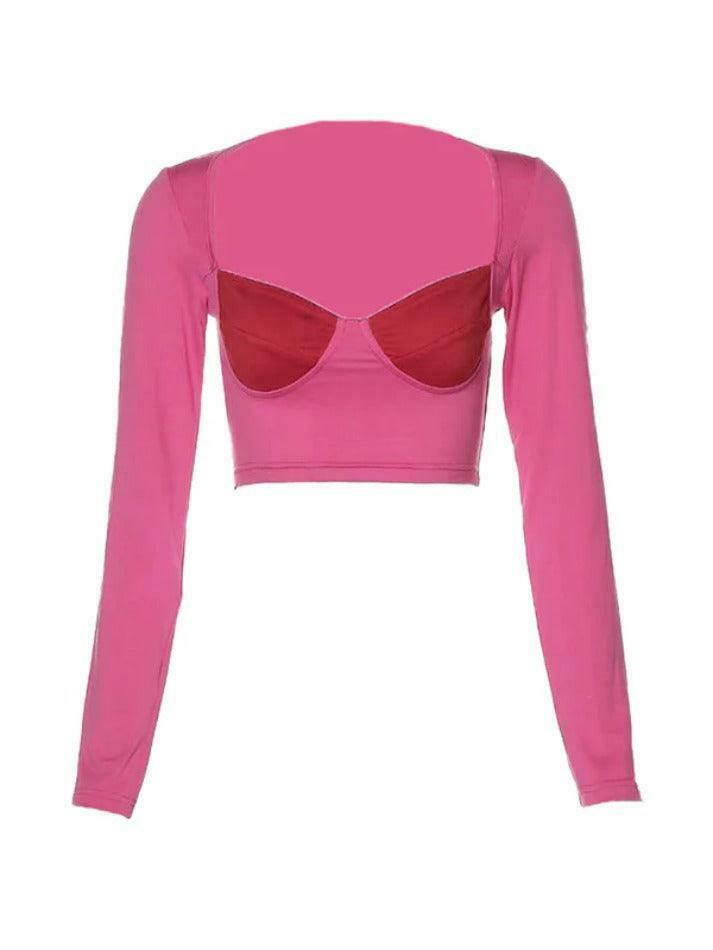 Y2K Aesthetic Color Block Square Neck Cropped Long Sleeve Tee Y2K Aesthetic Color Block Square Neck Cropped Long Sleeve Tee