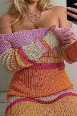 Y2K Aesthetic Color Block Stripe Knitted Maxi Dress for Women - Coquette & Grunge Style