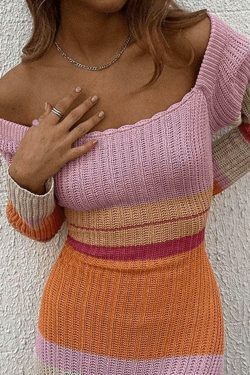 Y2K Aesthetic Color Block Stripe Knitted Maxi Dress for Women - Coquette & Grunge Style