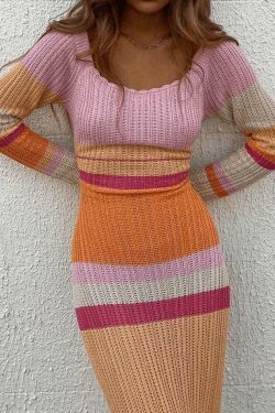 Y2K Aesthetic Color Block Stripe Knitted Maxi Dress for Women - Coquette & Grunge Style