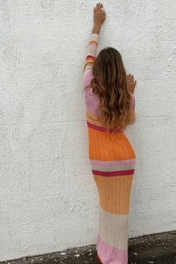 Y2K Aesthetic Color Block Stripe Knitted Maxi Dress for Women - Coquette & Grunge Style