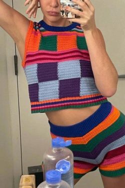 Y2K Aesthetic Colorblock Knitted Set for Women - Coquette & Grunge Style Outfit