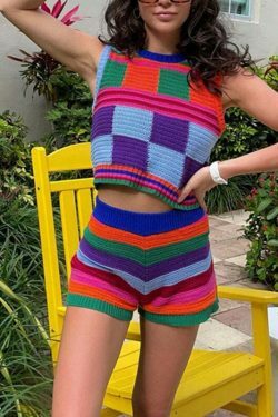 Y2K Aesthetic Colorblock Knitted Set for Women - Coquette & Grunge Style Outfit