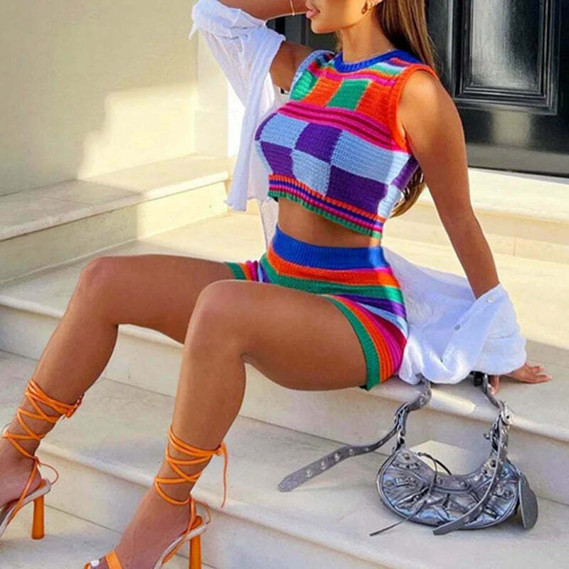 Y2K Aesthetic Colorblock Knitted Set for Women - Coquette & Grunge Style Outfit Y2K Aesthetic Colorblock Knitted Set for Women - Coquette & Grunge Style Outfit