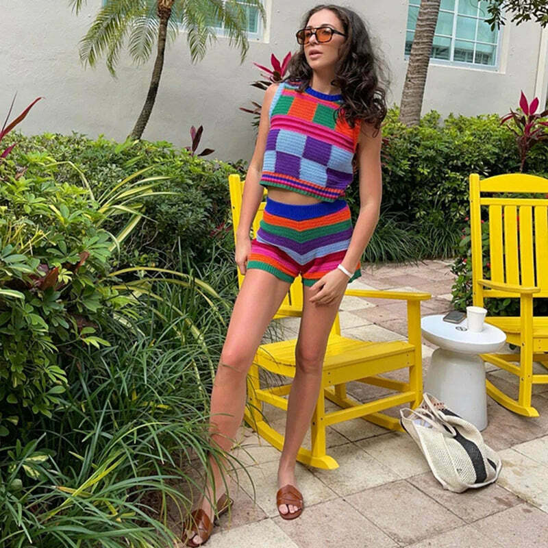 Y2K Aesthetic Colorblock Knitted Set for Women - Coquette & Grunge Style Outfit Y2K Aesthetic Colorblock Knitted Set for Women - Coquette & Grunge Style Outfit