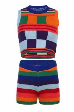 Y2K Aesthetic Colorblock Knitted Set for Women - Coquette & Grunge Style Outfit