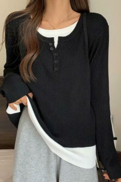 Y2K Aesthetic Contrast Color Fake Two Piece Knit Top for Women - Coquette & Grunge Style